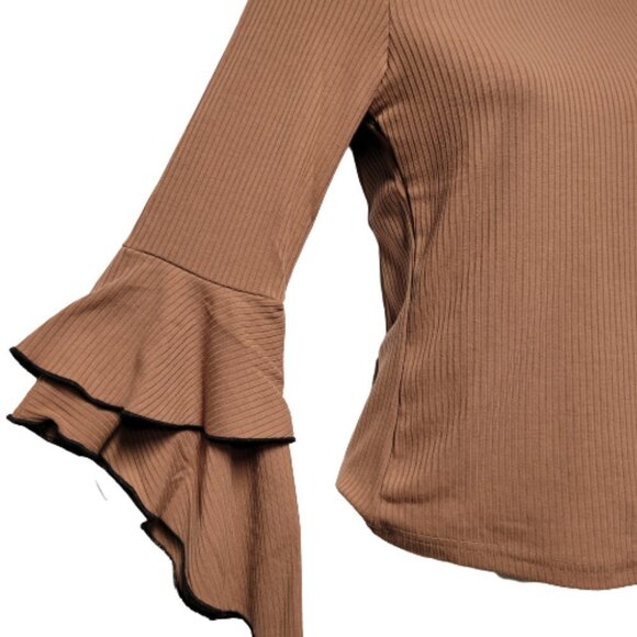 BROWN Long Sleeve Top Ruffled Bell Sleeves Top Size XS/S - Picture 3 of 9